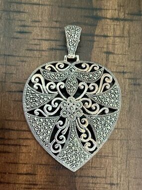 Large CFJ Marcasite Heart Pendant By Carol Brodie 925 Sterling Silver 28.7 G 3”
